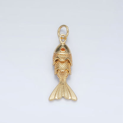 14K Gold Filled 9mm Orange CZ Multidimensional Textured Fish Sea Animal Charm | AF1525 AF1526