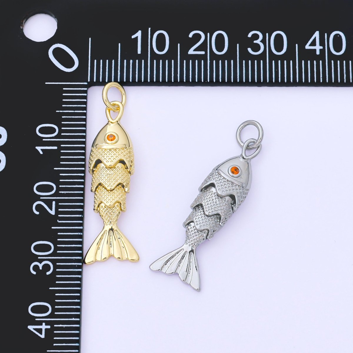 14K Gold Filled 9mm Orange CZ Multidimensional Textured Fish Sea Animal Charm | AF1525 AF1526