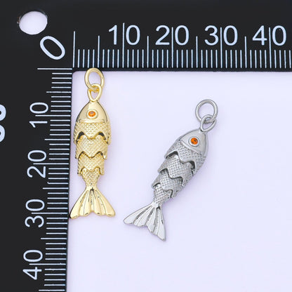 14K Gold Filled 9mm Orange CZ Multidimensional Textured Fish Sea Animal Charm | AF1525 AF1526