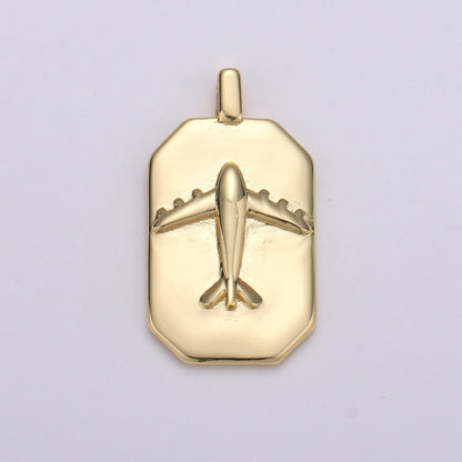 14K Gold Filled Airplane Charm- Rectangle Medallion Airplane Pendant - Dainty Charm - for Necklace Bracelet Earring Component J-035