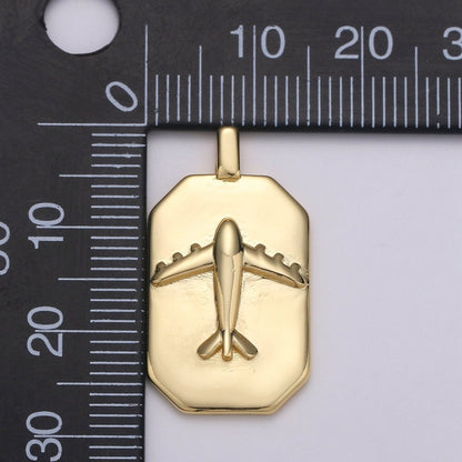 14K Gold Filled Airplane Charm- Rectangle Medallion Airplane Pendant - Dainty Charm - for Necklace Bracelet Earring Component J-035