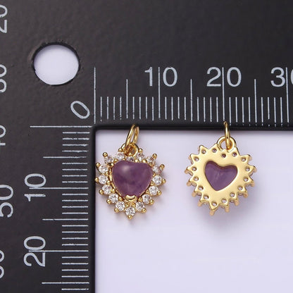 14K Gold Filled Amethyst, Moss Agate Heart CZ Lined Charm | AG486 AG487