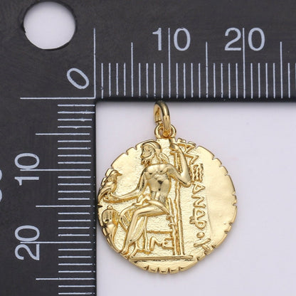 14K Gold Filled 14.5mm Ancient Greek Warrior Alexander the Great Coin Round Charm | D151