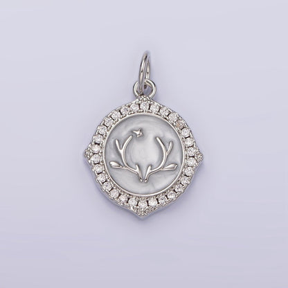 14K Gold Filled Antler Leaf Star Glitter White Enamel Clear CZ Micro Paved Round Charm in Gold &amp; Silver | N1167 N1168