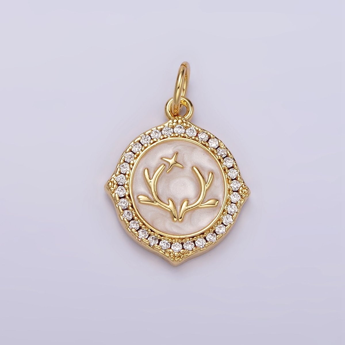 14K Gold Filled Antler Leaf Star Glitter White Enamel Clear CZ Micro Paved Round Charm in Gold &amp; Silver | N1167 N1168