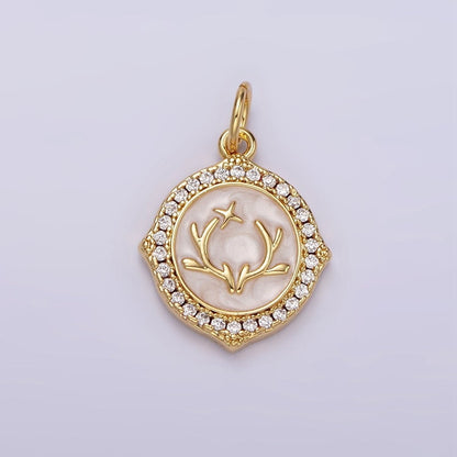 14K Gold Filled Antler Leaf Star Glitter White Enamel Clear CZ Micro Paved Round Charm in Gold &amp; Silver | N1167 N1168