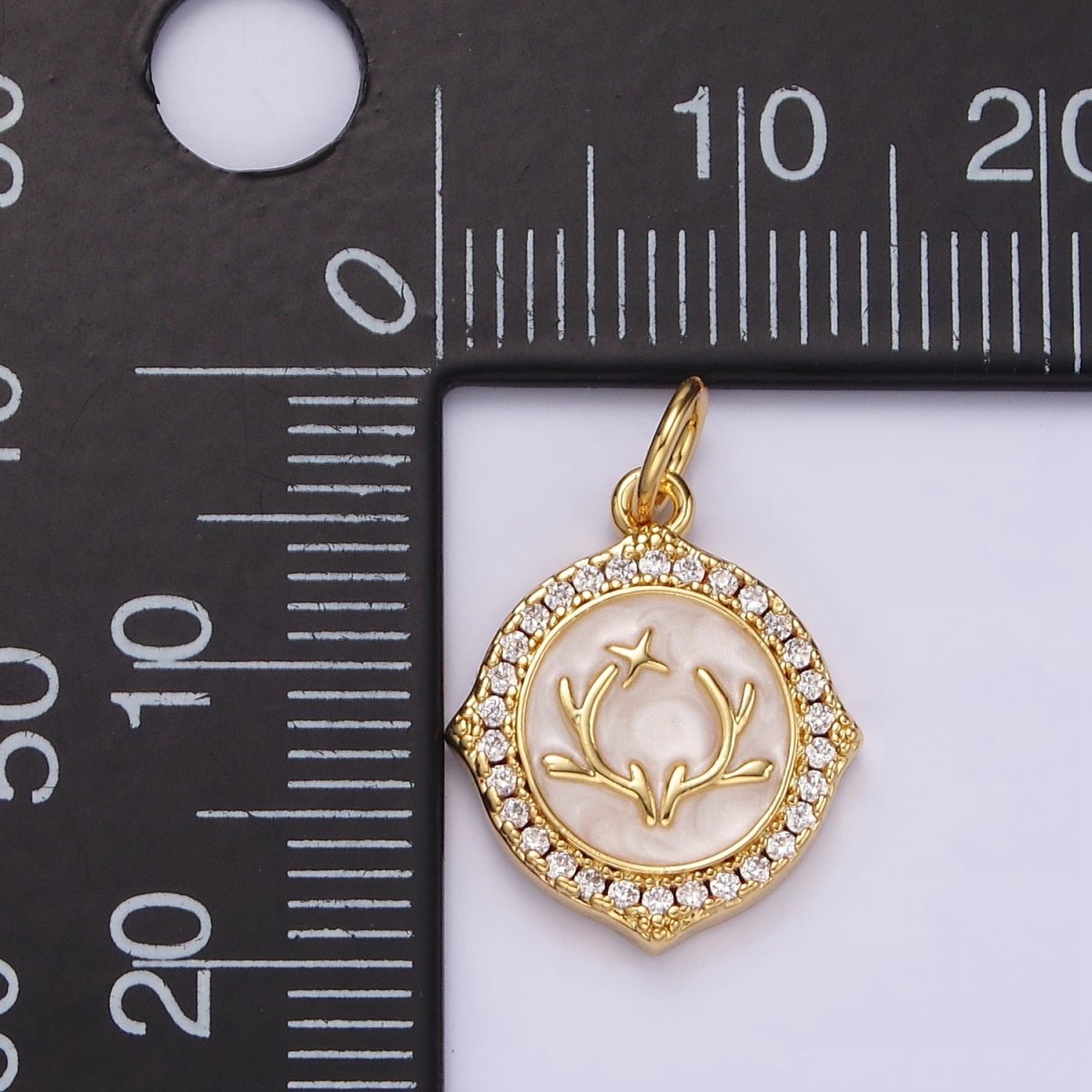 14K Gold Filled Antler Leaf Star Glitter White Enamel Clear CZ Micro Paved Round Charm in Gold &amp; Silver | N1167 N1168