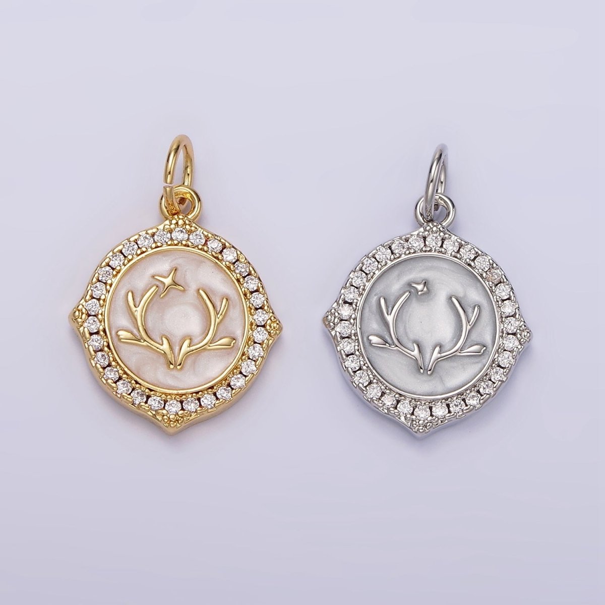14K Gold Filled Antler Leaf Star Glitter White Enamel Clear CZ Micro Paved Round Charm in Gold &amp; Silver | N1167 N1168