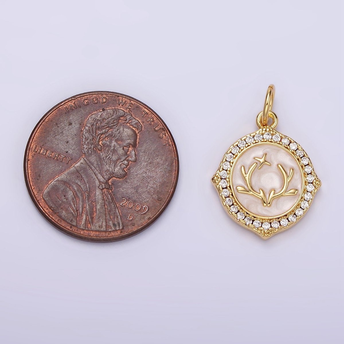 14K Gold Filled Antler Leaf Star Glitter White Enamel Clear CZ Micro Paved Round Charm in Gold &amp; Silver | N1167 N1168