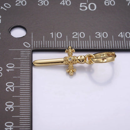 14K Gold Filled Artisan Fleury Cross Sword CZ Drop Huggie Earrings | AE934