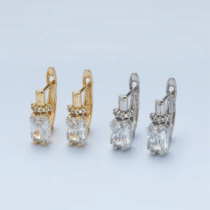 14K Gold Filled Baguette CZ Micro Paved English Lock Hoop Earrings in Gold &amp; Silver | AB1243 AB1244