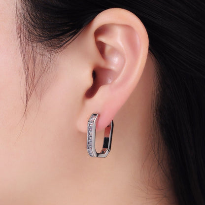 14K Gold Filled Baguette Lined Edged Oblong Hoop Earrings in Gold &amp; Silver | P466 P467