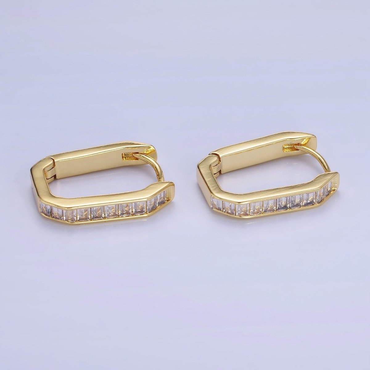 14K Gold Filled Baguette Lined Edged Oblong Hoop Earrings in Gold &amp; Silver | P466 P467