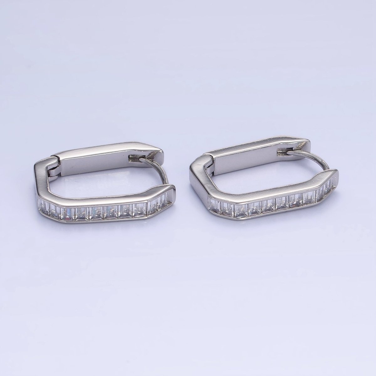 14K Gold Filled Baguette Lined Edged Oblong Hoop Earrings in Gold &amp; Silver | P466 P467