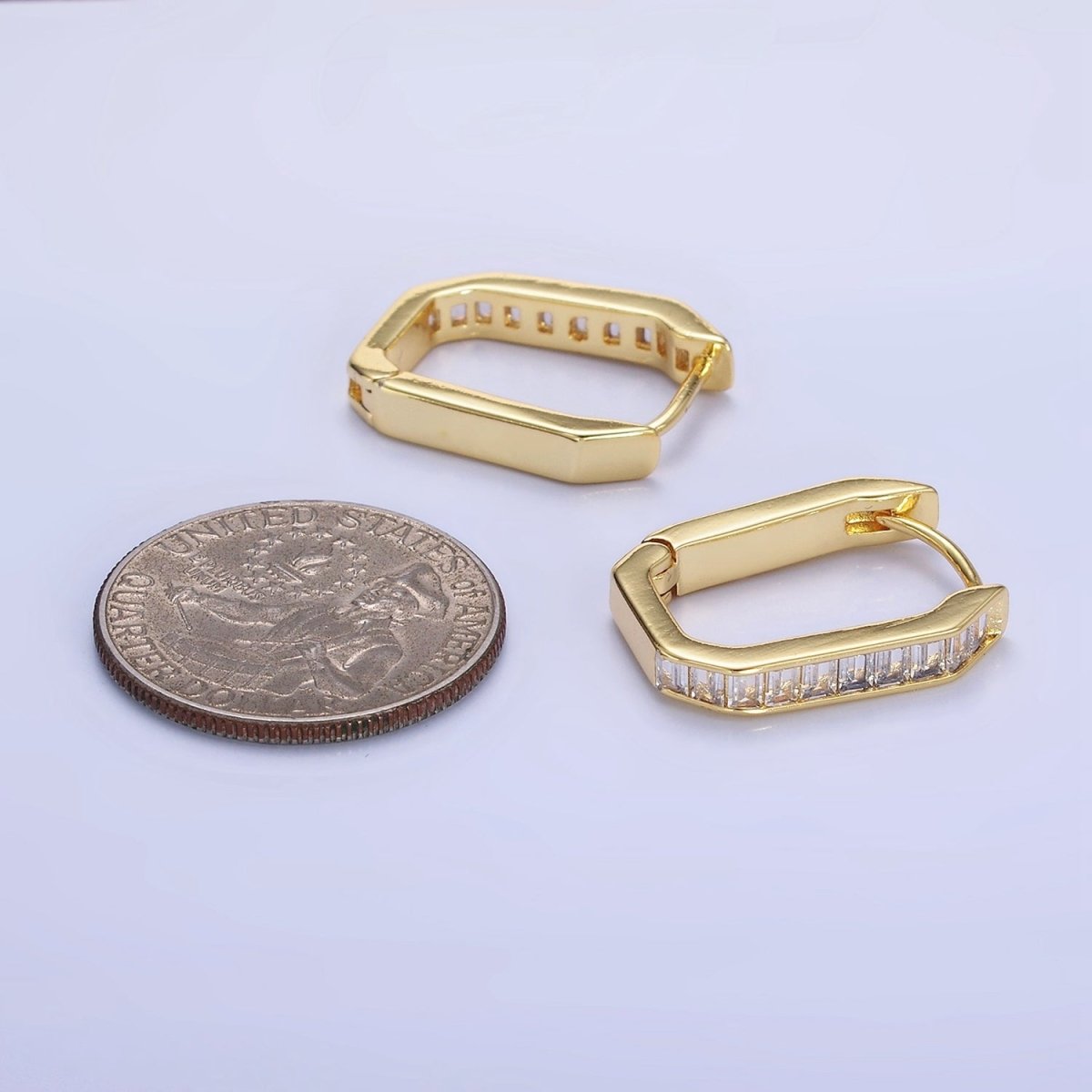 14K Gold Filled Baguette Lined Edged Oblong Hoop Earrings in Gold &amp; Silver | P466 P467