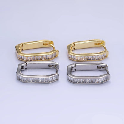 14K Gold Filled Baguette Lined Edged Oblong Hoop Earrings in Gold &amp; Silver | P466 P467