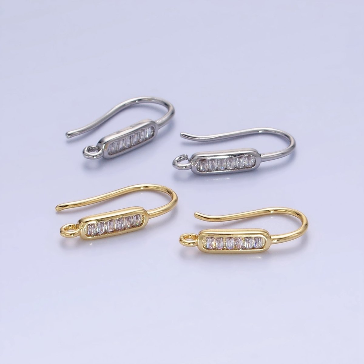 14K Gold Filled Baguette Lined Fish Hook Earrings Findings in Gold &amp; Silver | Z747 Z748