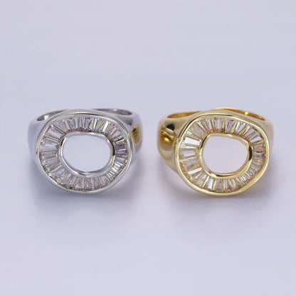 14K Gold Filled Baguette Lined Open Round Signet Ring in Gold &amp; Silver | R213 R214