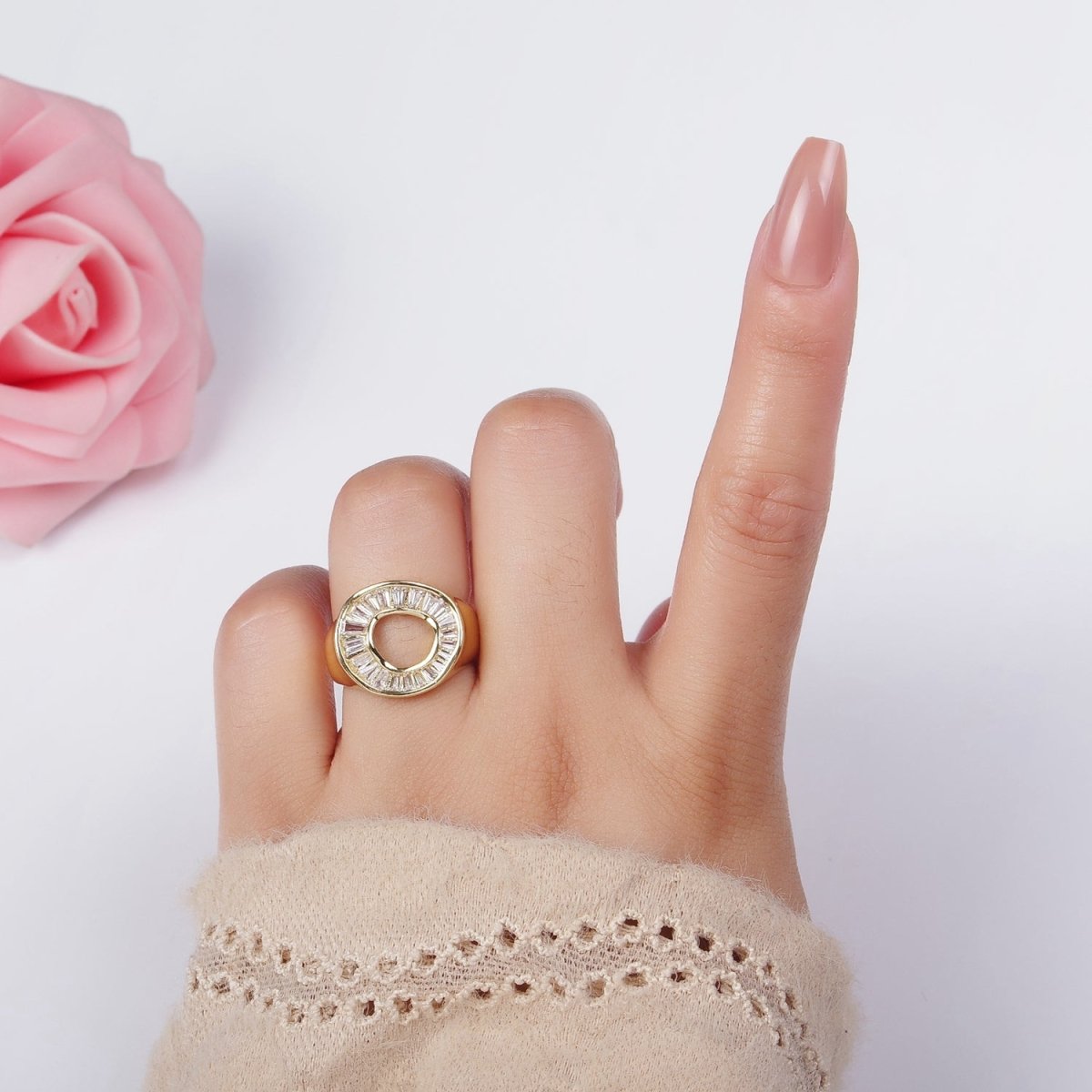 14K Gold Filled Baguette Lined Open Round Signet Ring in Gold &amp; Silver | R213 R214