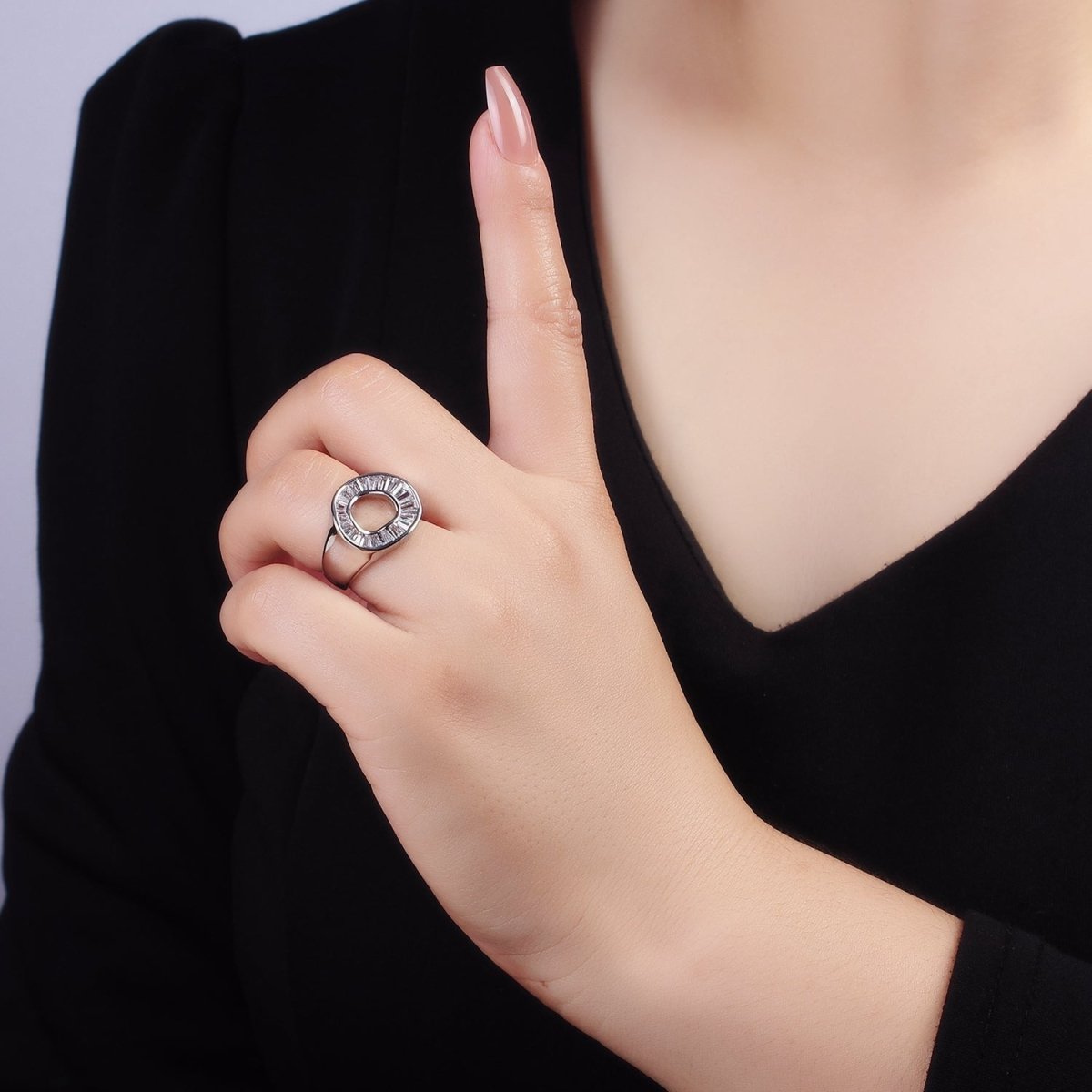 14K Gold Filled Baguette Lined Open Round Signet Ring in Gold &amp; Silver | R213 R214
