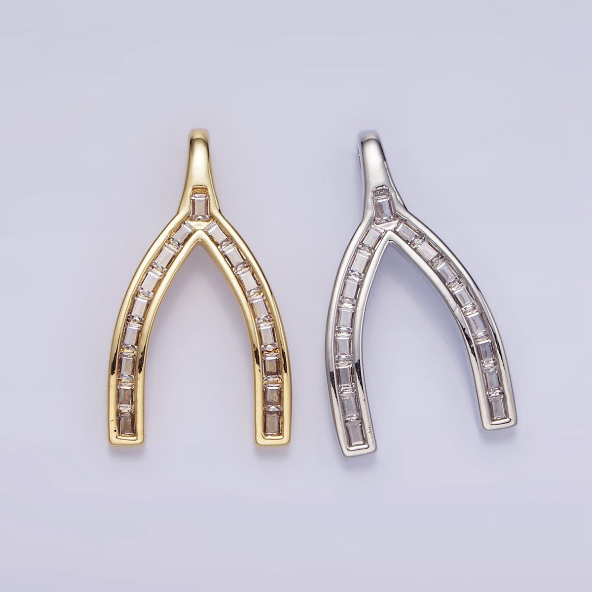 14K Gold Filled Baguette Lined Wishbone Pendant in Gold &amp; Silver | AA1269