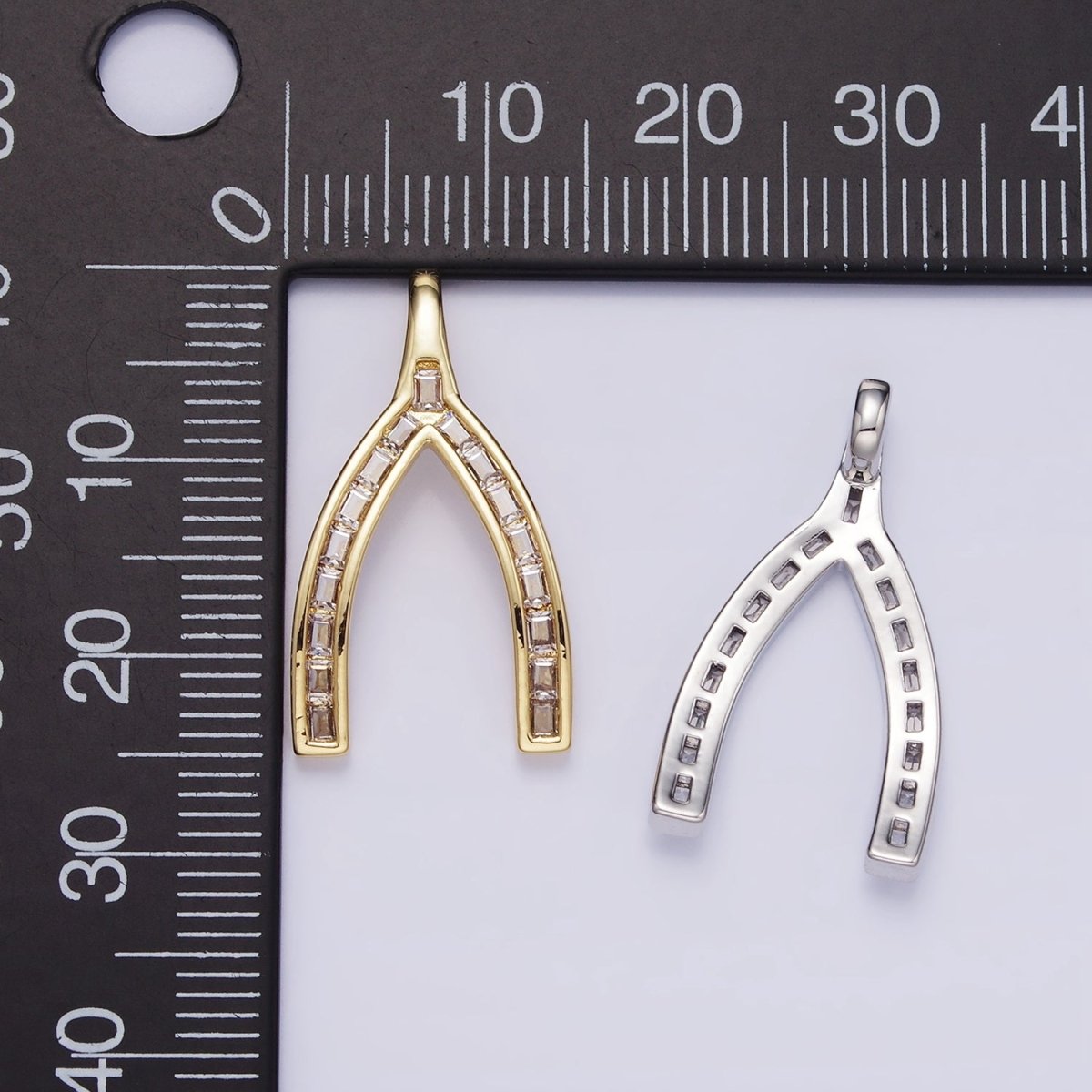 14K Gold Filled Baguette Lined Wishbone Pendant in Gold &amp; Silver | AA1269
