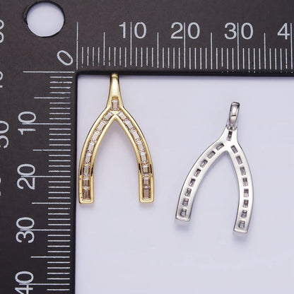 14K Gold Filled Baguette Lined Wishbone Pendant in Gold &amp; Silver | AA1269