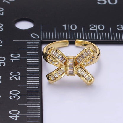 14K Gold Filled Baguette Micro Paved Ribbon Bow Ring | O245