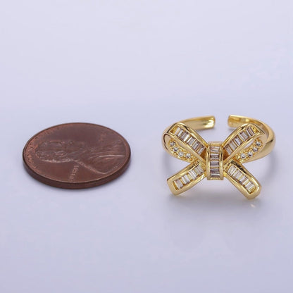 14K Gold Filled Baguette Micro Paved Ribbon Bow Ring | O245