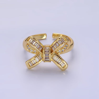 14K Gold Filled Baguette Micro Paved Ribbon Bow Ring | O245