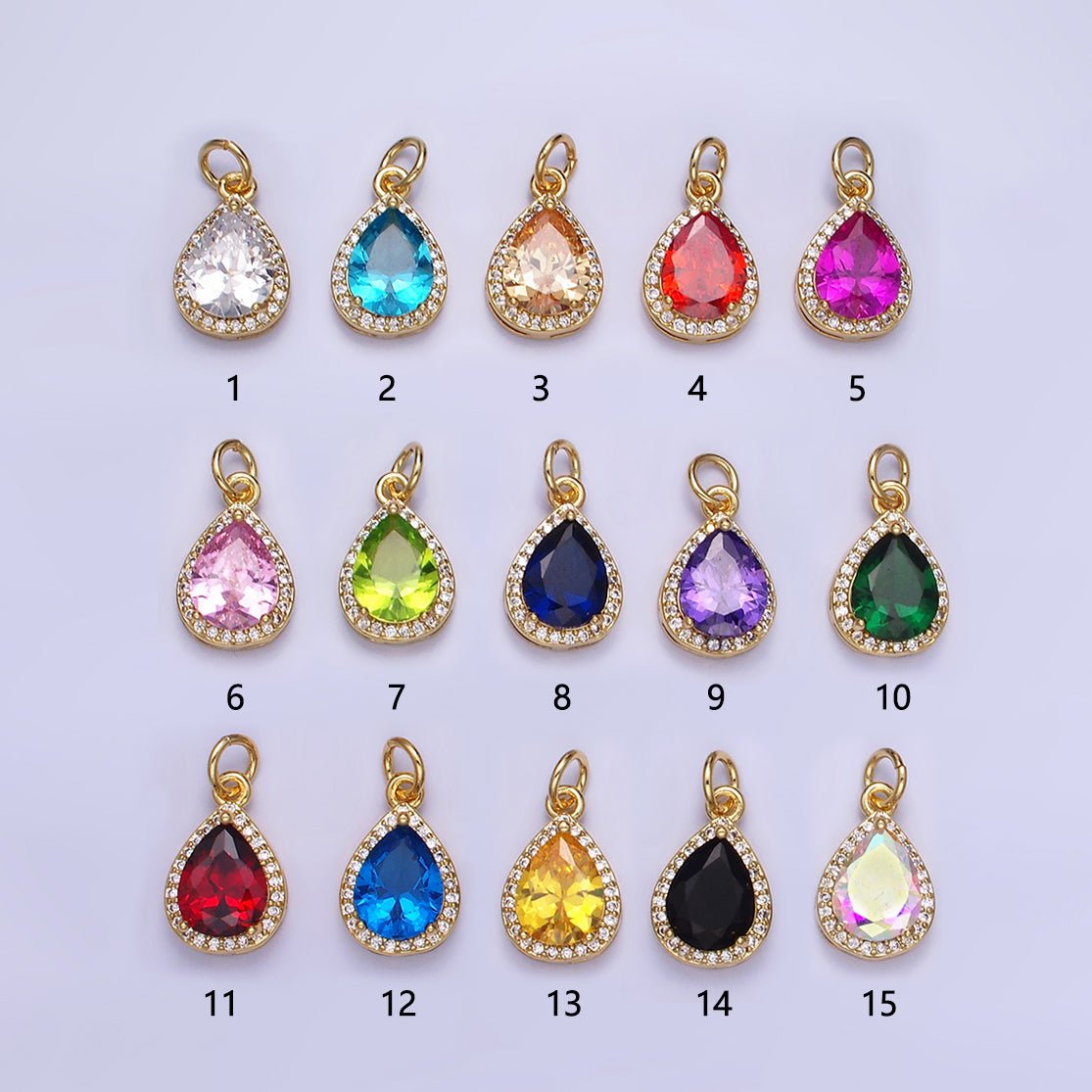 14K Gold Filled Birthstone CZ Teardrop Micro Paved Charm in Gold &amp; Silver | W696 - W703, W751 - W757