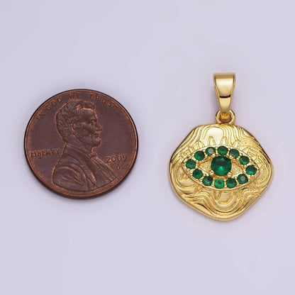 14K Gold Filled Blue, Clear, Fuchsia, Green, Turquoise CZ Evil Eye Artisan Abstract Lined Pendant | AH121 - AH123