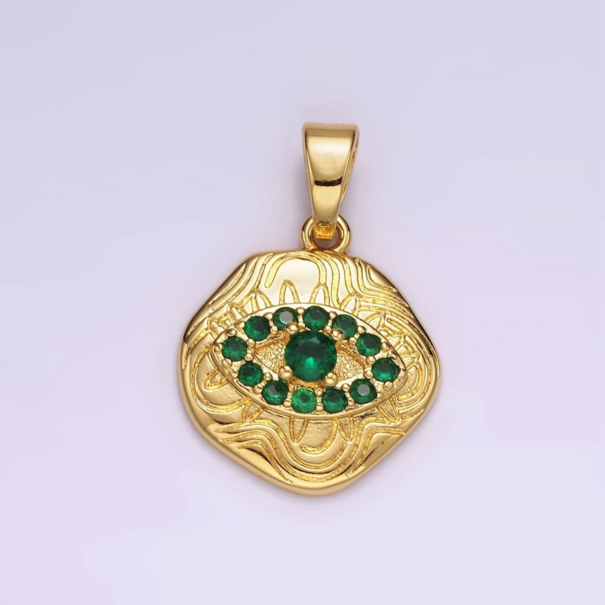 14K Gold Filled Blue, Clear, Fuchsia, Green, Turquoise CZ Evil Eye Artisan Abstract Lined Pendant | AH121 - AH123