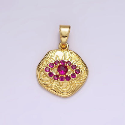 14K Gold Filled Blue, Clear, Fuchsia, Green, Turquoise CZ Evil Eye Artisan Abstract Lined Pendant | AH121 - AH123