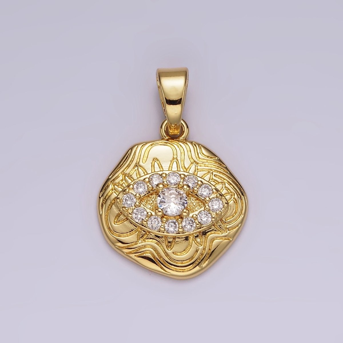 14K Gold Filled Blue, Clear, Fuchsia, Green, Turquoise CZ Evil Eye Artisan Abstract Lined Pendant | AH121 - AH123