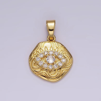 14K Gold Filled Blue, Clear, Fuchsia, Green, Turquoise CZ Evil Eye Artisan Abstract Lined Pendant | AH121 - AH123