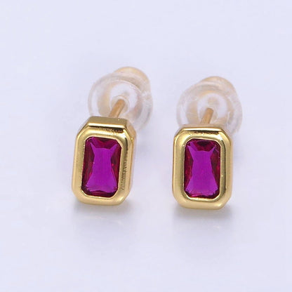 14K Gold Filled Blue, Clear, Fuchsia, Red, Pink Multifaceted Baguette CZ Bezel Stud Earrings | AD-448~AD-452