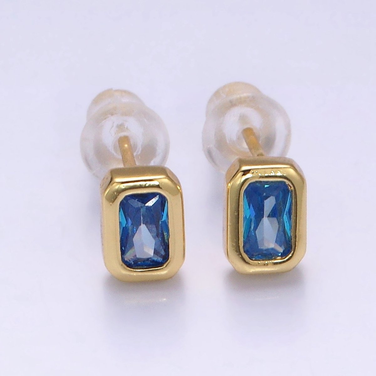 14K Gold Filled Blue, Clear, Fuchsia, Red, Pink Multifaceted Baguette CZ Bezel Stud Earrings | AD-448~AD-452