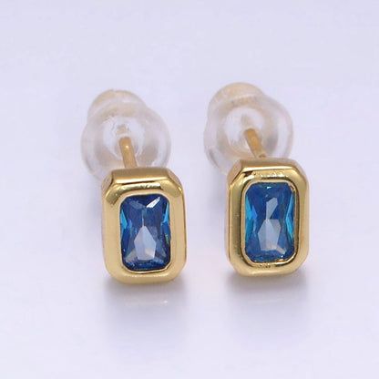 14K Gold Filled Blue, Clear, Fuchsia, Red, Pink Multifaceted Baguette CZ Bezel Stud Earrings | AD-448~AD-452