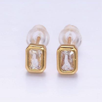 14K Gold Filled Blue, Clear, Fuchsia, Red, Pink Multifaceted Baguette CZ Bezel Stud Earrings | AD-448~AD-452