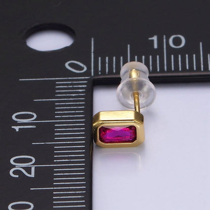 14K Gold Filled Blue, Clear, Fuchsia, Red, Pink Multifaceted Baguette CZ Bezel Stud Earrings | AD-448~AD-452