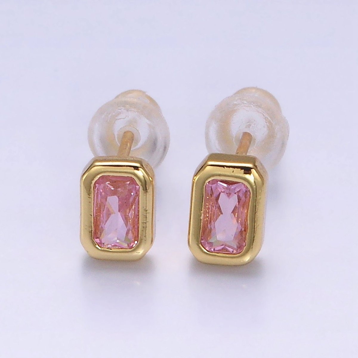 14K Gold Filled Blue, Clear, Fuchsia, Red, Pink Multifaceted Baguette CZ Bezel Stud Earrings | AD-448~AD-452