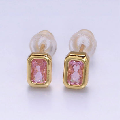 14K Gold Filled Blue, Clear, Fuchsia, Red, Pink Multifaceted Baguette CZ Bezel Stud Earrings | AD-448~AD-452