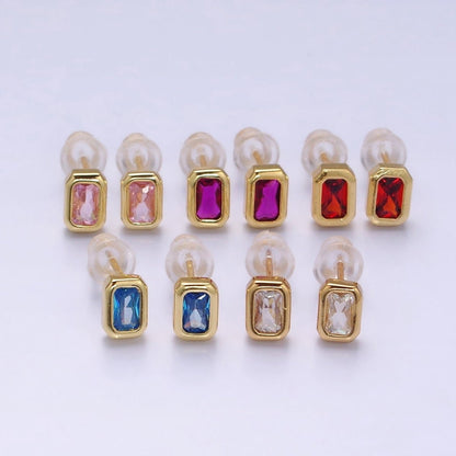 14K Gold Filled Blue, Clear, Fuchsia, Red, Pink Multifaceted Baguette CZ Bezel Stud Earrings | AD-448~AD-452
