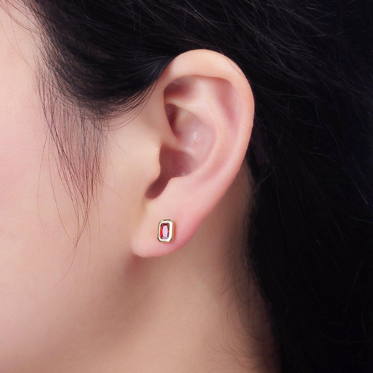 14K Gold Filled Blue, Clear, Fuchsia, Red, Pink Multifaceted Baguette CZ Bezel Stud Earrings | AD-448~AD-452