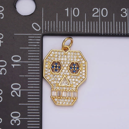 14K Gold Filled Blue-Eyed Skeleton Skull Clear Micro Paved CZ Charm | N1536