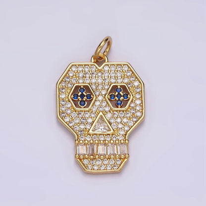 14K Gold Filled Blue-Eyed Skeleton Skull Clear Micro Paved CZ Charm | N1536