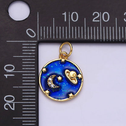 14K Gold Filled Blue, Multicolor Pastel Enamel Galaxy Celestial Planet Stars Round Charm | AC1412 AC1413