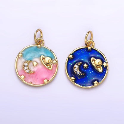 14K Gold Filled Blue, Multicolor Pastel Enamel Galaxy Celestial Planet Stars Round Charm | AC1412 AC1413