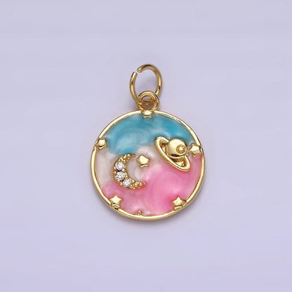 14K Gold Filled Blue, Multicolor Pastel Enamel Galaxy Celestial Planet Stars Round Charm | AC1412 AC1413
